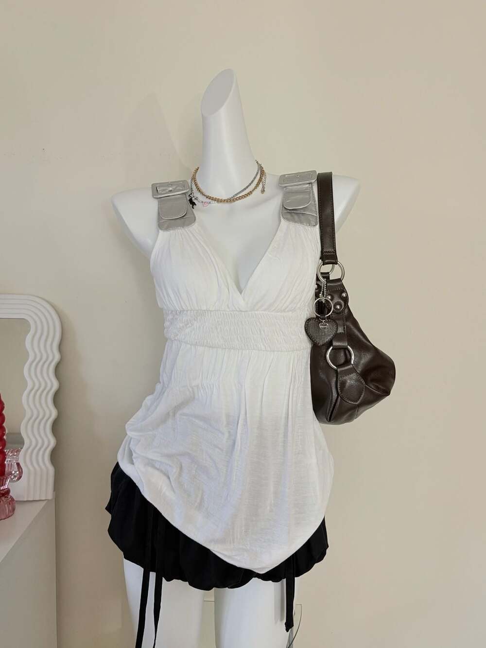 Essentials by A.B.S. White Ruched V-Neck Tank Top with Silver Buckle Details